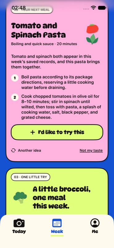 Example Pro meal idea: Tomato and Spinach Pasta, with simple preparation steps and an I'd like to try this action in the app.